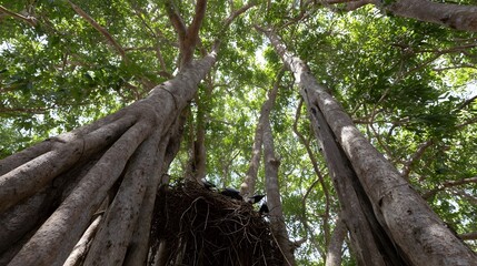 View looking up at towering tree trunks with a bird s nest and birds among lush green foliage and strong roots