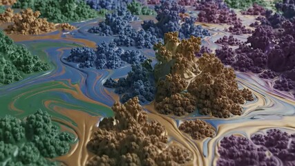 A mesmerizing abstract fractal landscape unfolds with vibrant swirling colors depicting an intricate digital topography of organic forms and flowing patterns creating a dynamic and visually rich simu. - Powered by Adobe