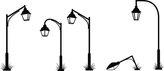 Street lamp silhouettes set showing upright and broken lamppost designs isolated on white background for urban illustration use © Hanif World