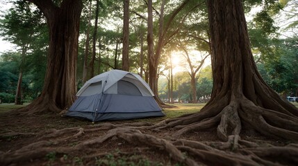 A camping tent is set up in a forest clearing surrounded by ancient trees and their exposed roots during the golden hour