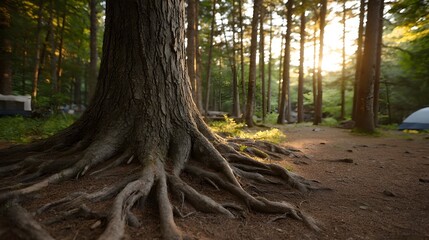 Obraz premium A large tree with prominent roots stands in a forest clearing at golden hour with sunlight filtering through the trees