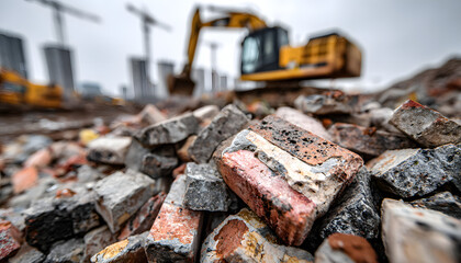 Pile of shattered construction waste after building demolition. Bricks rubble debris in container. Collection service handles disposal material. Excavator in background. Construction site after work,