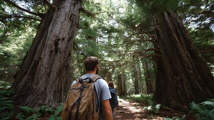 Two hikers walking on a path through a majestic ancient forest with towering trees