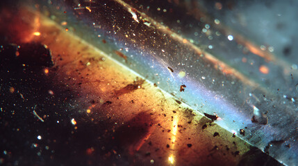 Light leaks rainbow overlay. Damaged grain screen gradient background. Glitch noise on black scratched texture with dust. Grunge abstract dusty scanned old film texture picture.