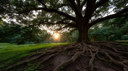 Obraz premium A majestic ancient tree with massive exposed roots in a grassy park at sunset