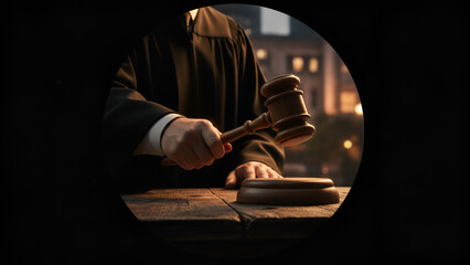 Judicial gavel and courtroom window view — legal decision concept, traditional justice

