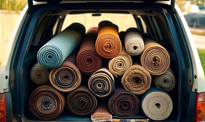 Car trunk filled with many rolls of carpet in different colors and textures