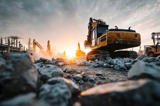 Recovery and recycling of concrete rubble debris on construction site after a demolition of a concrete structure - Powered by Adobe