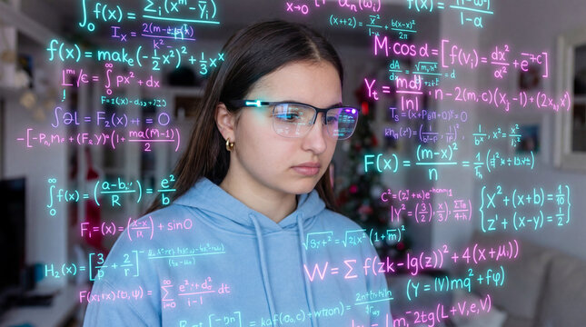 Young student immersed in complex mathematical thinking