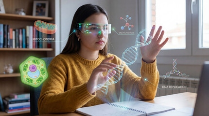 Young woman exploring DNA through augmented reality technology at home