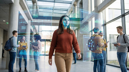 Young female student interacting with holographic data interfaces at a modern university