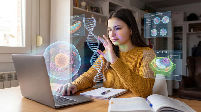 Young woman studying biology through interactive digital science visuals at home