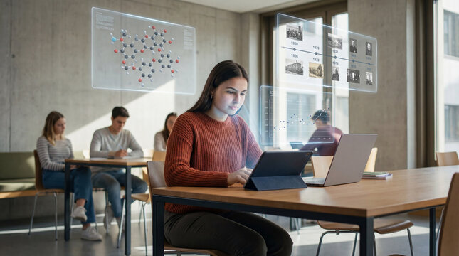 Science student working with digital data in classroom