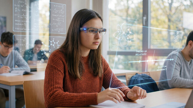 Science student studying physics with digital interface