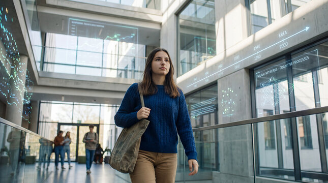 Female student walking inside modern university building