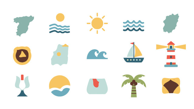 Title: Colorful flat representing various of the Balearic Islands including maps, sun, waves