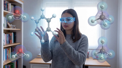 Student exploring molecules and chemistry with hologram models