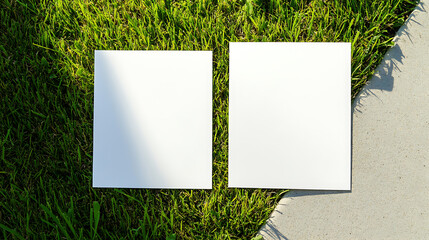 Two white paper sheets sit in lush green grass, partially shaded, offering a blank canvas for creativity and ideas in a vibrant outdoor setting. Perfect for mockups.