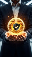 A professional in a suit presenting a glowing globe with a shield symbolizing global security and protection