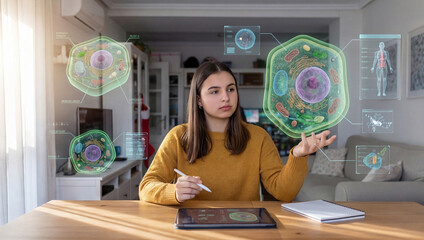 Teenage learner studying cells and biology with hologram visuals
