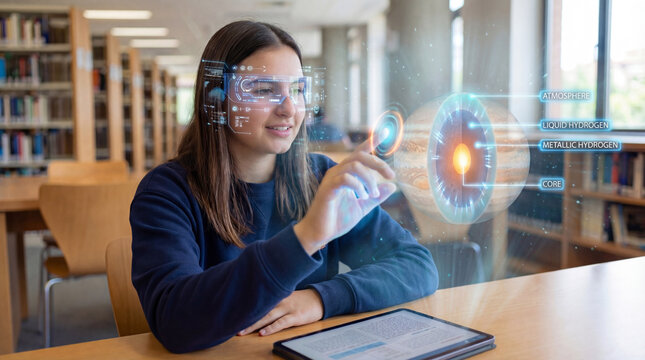 Learner examining planet layers through hologram interaction