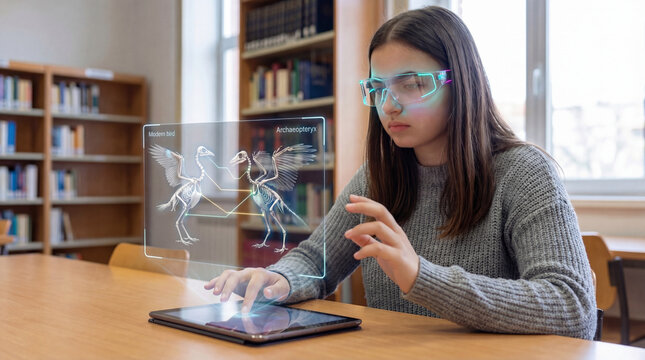 Teenager studying bird evolution on a hologram display