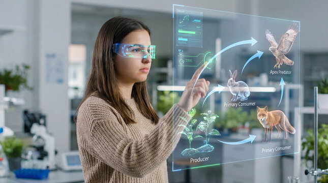 Teenage biology learner exploring food chains through hologram display