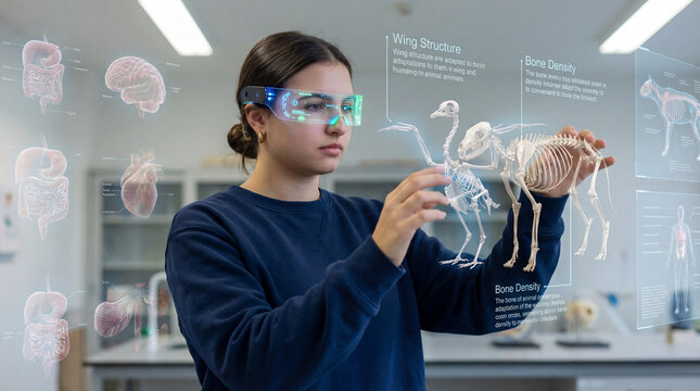 Teenager student examining animal anatomy through hologram study
