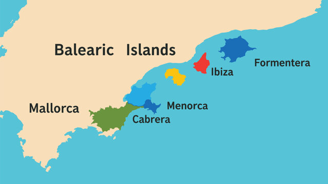 Title: Geographical map of the Balearic Islands showing Mallorca, Menorca, Ibiza, Formentera, and