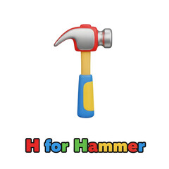 3D icon of a red, silver, and yellow hammer, text "H for Hammer", symbolizing tools, construction, and DIY.