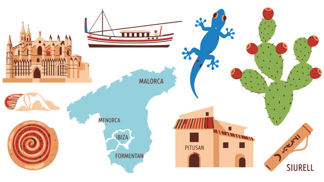 Title: of Mallorca with a castle, boat, map, cactus, gecko, and traditional house on a white