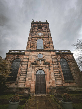 Historic church with clock tower in Burton upon Trent, England