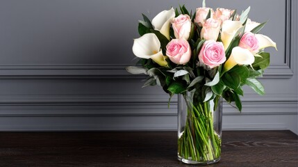 Obraz premium Pink roses and white calla lilies arranged in a glass vase.