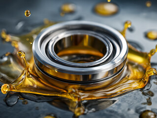 Shiny metal industrial bearing surrounded by dynamic golden liquid splash that highlights machinery lubrication and mechanical engineering concepts