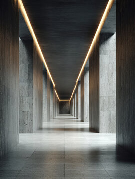 Modern Brutalist Architecture Long Concrete Hallway with Dramatic Indirect Lighting and Symmetrical Stone Pillars Creating a Minimalist Perspective for Interior Design Background and Mockup Space