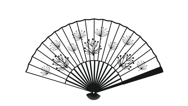 Title: A black and white of a traditional Japanese fan with floral patterns and radial lines