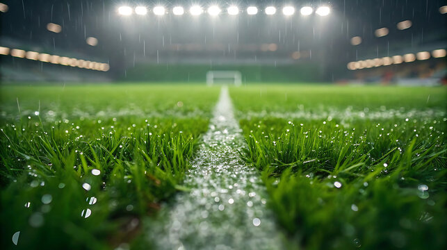 Rainy soccer field with stadium lights and goal grass