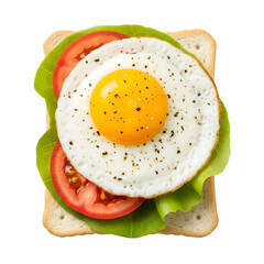 A delicious open-faced breakfast sandwich with a fried egg, lettuce, and tomato on toast. isolated on transparent background