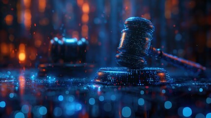 Conceptual Judge Gavel with Glowing Blue Binary Code Strips Representing Digital Justice Cyber Law and AI Regulation on Circuit Board Surface