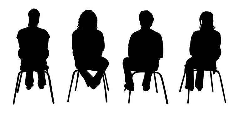 Black vector silhouettes of different people sitting on chairs seen from behind, minimal back view figures isolated on transparent background.