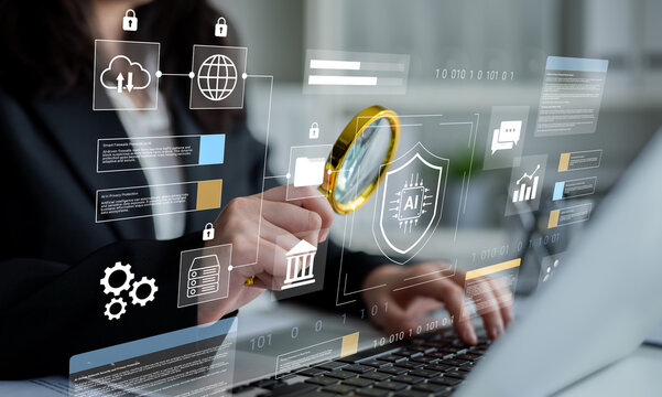 A business professional holds a magnifying glass over cybersecurity data displayed on a laptop, showcasing advanced technology and analysis in a modern office setting. Gantry - Powered by Adobe