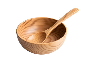 A beautiful light wooden bowl with a matching spoon resting inside, isolated on a black background isolated on transparent background