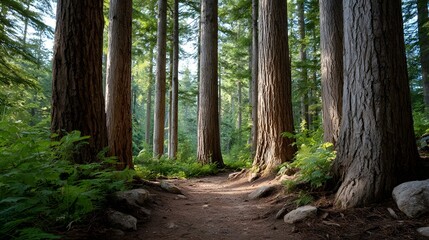 Obraz premium A serene forest path winds through tall ancient trees with d d sunlight filtering through the canopy evoking a sense of peaceful explo n
