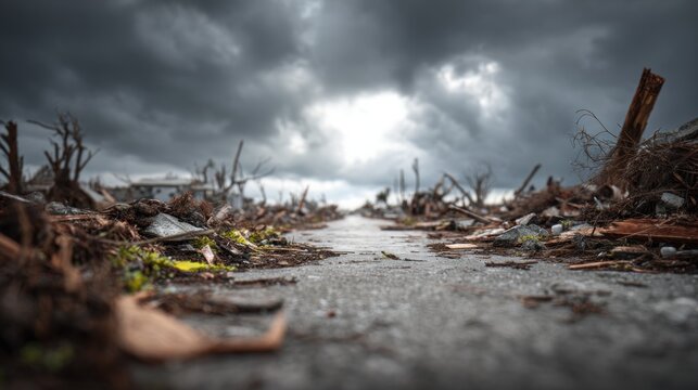 Devastation aftermath of severe weather event, landscape of destruction