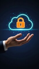 A hand presenting a glowing cloud with a bright orange padlock symbolizing secure data protection