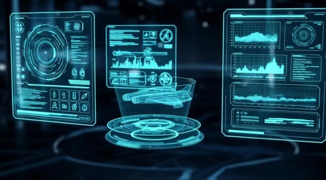 Futuristic Holographic Displays with Spaceship 3D Model and Data Analysis UI