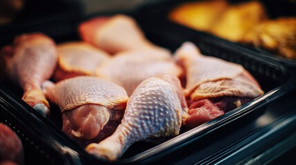 Several trays hold raw chicken drumsticks at a food market. Customers browse the selection in the afternoon. Fresh meat is available for cooking at home or in restaurants.