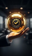 A gleaming golden sphere containing a checkmark and gears is held aloft by a hand symbolizing success