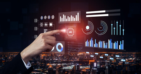 A professional hand interacts with a digital interface displaying technology trends and data analytics, set against a stunning urban skyline at night. Gantry