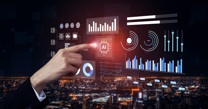 A professional hand interacts with a digital interface displaying technology trends and data analytics, set against a stunning urban skyline at night. Gantry - Powered by Adobe